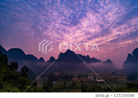 Beautiful sunrise landscape in Phong Nam valley, Amazing scenery landscape at Cao bang province, Northern Vietnam,Travel and nature landscape concept 123150386