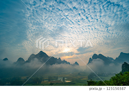 Beautiful sunrise landscape in Phong Nam valley, Amazing scenery landscape at Cao bang province, Northern Vietnam,Travel and nature landscape concept 123150387
