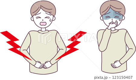 お腹の痛み、気分の悪さを訴える男の子のイラスト 123150407