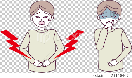 一個男孩抱怨胃痛和身體不適的插圖 123150407