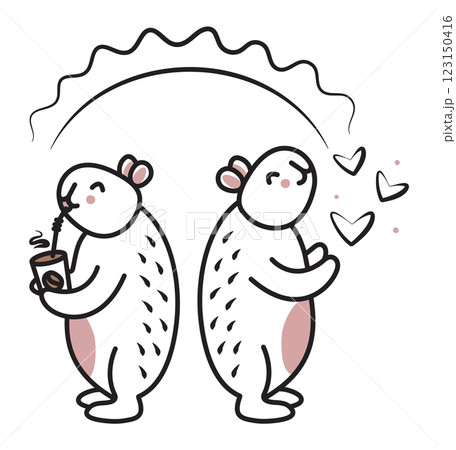 Two cute black line whimsical capybaras enjoy sunny day, vector doodle of trendy kawaii characters with a cup of coffee and hearts, big friendly rodents for a postcard, fabric prints, etc. 123150416