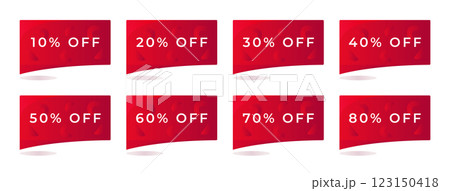 Red rectangular discount banner set, coupons in many percentage variations, offer from 10% to 80%, button to increase sales on your website, vector color graphic 123150418