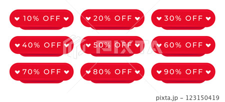 Set of red discount banners with hearts, coupons in many percentage variations, offers from 10% to 90%, vector button to increase sales on your website 123150419
