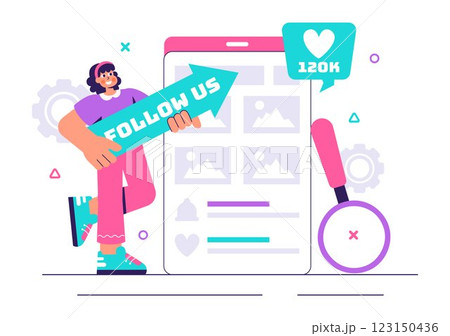Follow Us and Like Vector Illustration for Social Media Advertisements, Featuring Users Engaging with an Interesting Page to Gain Followers Follow Us and Like Vector Illustration for Social Media Advertisements, Featuring Users Engaging with an Interesting Page to Gain Followers 123150436
