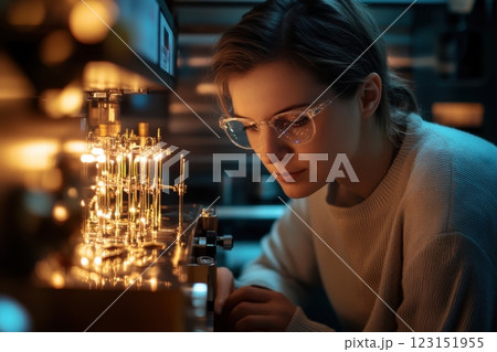 Young Woman Working on a Precision Machine in Dimly Lit Workshop 123151955