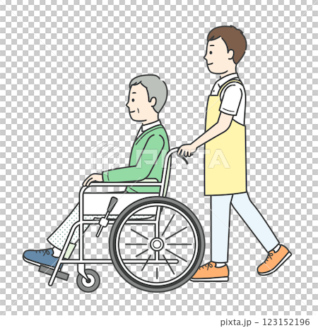 側面插圖：一位坐在輪椅上的老人和一位協助他的年輕女子 123152196