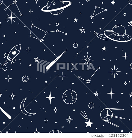 Space star galaxy vector seamless pattern. Hand drawn doodle sketch line style galaxy planet star, rocket, moon cute sky background. Space planet kid doodle universe pattern. Vector illustration Space star galaxy vector seamless pattern. Hand drawn doodle sketch line style galaxy planet star, rocket, moon cute sky background. Space planet kid doodle universe pattern. Vector illustration 123152304