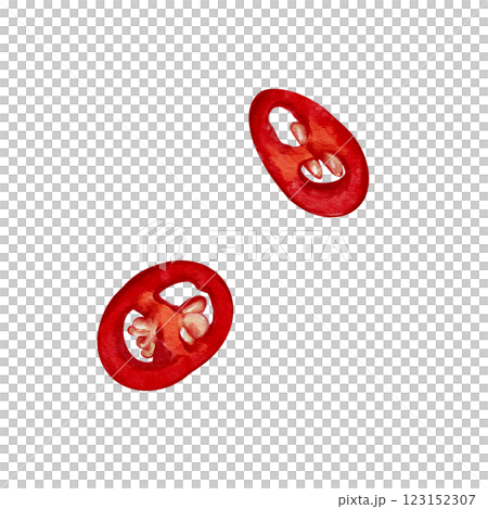 red hot pepper cut into slices. Chili pepper slices. Watercolor illustration without background. red peel and yellow pepper seeds. Food preparation and cooking.  123152307