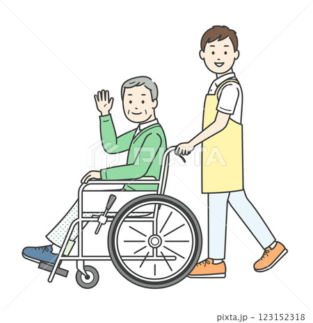 車椅子の高齢男性と介助をする若い男性が手を振る全身イラスト 車椅子の高齢男性と介助をする若い男性が手を振る全身イラスト 123152318