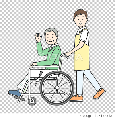 車椅子の高齢男性と介助をする若い男性が手を振る全身イラスト 車椅子の高齢男性と介助をする若い男性が手を振る全身イラスト 123152318