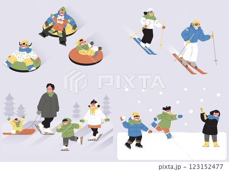 Illustration of people enjoying winter sports such as skiing, sledding, skating, and snowball fights 123152477