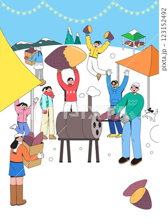 Roasted Sweet Potato Festival poster showing people waiting to roast and eat roasted sweet potatoes in a snow field Roasted Sweet Potato Festival poster showing people waiting to roast and eat roasted sweet potatoes in a snow field 123152492