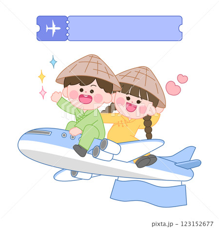Characters wearing Ao Dai, the traditional Vietnamese costume, riding an airplane Characters wearing Ao Dai, the traditional Vietnamese costume, riding an airplane 123152677