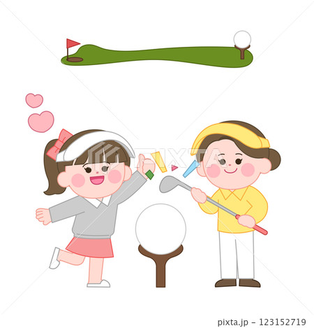 A character standing holding a golf club and his/her favorite character 123152719