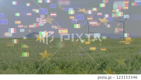 Flags of various countries and stars image over grassy field 123153346