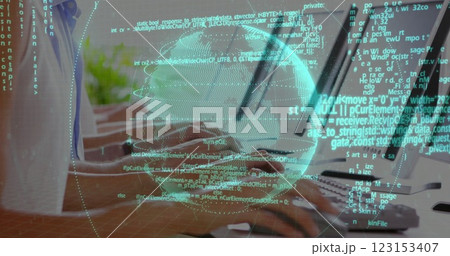 Image of financial data processing and globe over diverse business people using computers 123153407