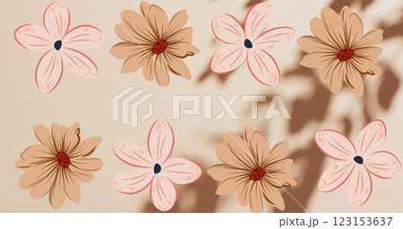 Image of silhouettes of branch with leaves and flowers over beige background 123153637