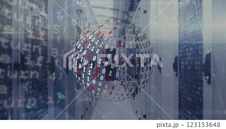 Image of globe with binary coding and data processing over computer servers 123153648