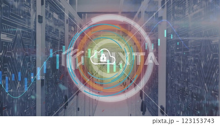 Image of cloud and padlock icon, security scanner and processing data over server room Image of cloud and padlock icon, security scanner and processing data over server room 123153743
