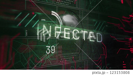 Image of infected text over globe and processing data on black interface screen 123153808