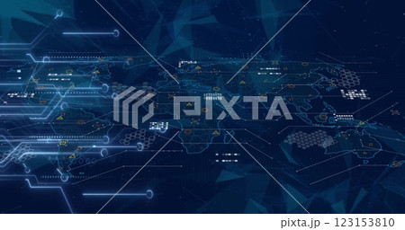 Image of glowing motherboard and processing data over world map on dark background 123153810