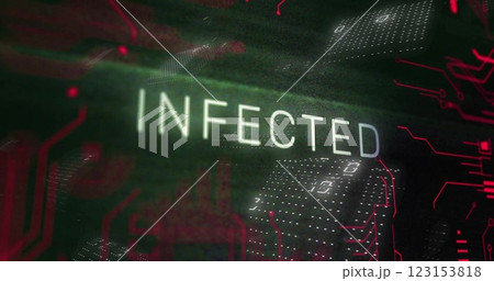 Image of infected text over scanner and processing data on black interface screen 123153818
