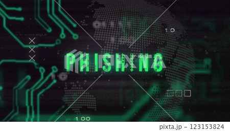 Image of phishing text over motherboard, globe and processing data on black 123153824