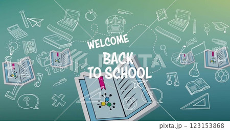 Image of welcome back to school text over school icons Image of welcome back to school text over school icons 123153868