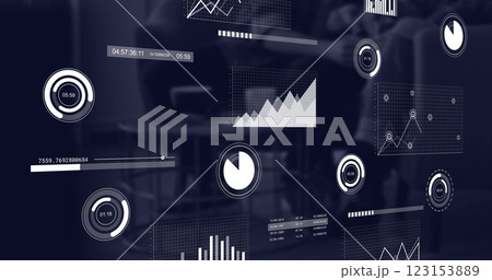 Image of data processing and diagrams over office Image of data processing and diagrams over office 123153889