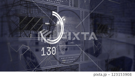 Image of data processing and diagrams over globe and office Image of data processing and diagrams over globe and office 123153908