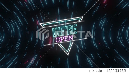 Image of we're open neon text over light trails on black background 123153926