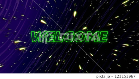 Image of welcome neon text over light trails on dark background Image of welcome neon text over light trails on dark background 123153967