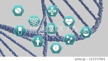 Image of medical icons over dna on grey background 123153981