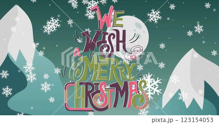 Image of we wish a merry christmas text and snow falling over winter scenery Image of we wish a merry christmas text and snow falling over winter scenery 123154053