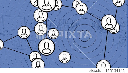 Image of network of connections with icons over desks with computers on blue background 123154142