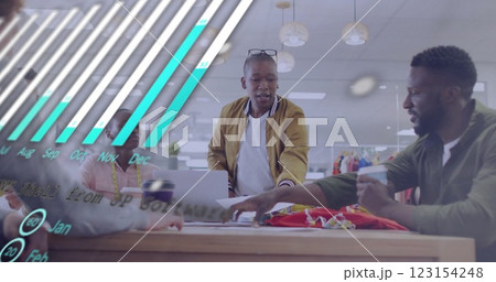 Image of financial data processing over diverse colleagues discussing work in office Image of financial data processing over diverse colleagues discussing work in office 123154248