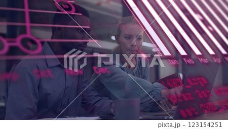 Image of financial data processing over diverse colleagues discussing work in office 123154251