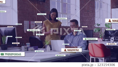 Image of text and data processing over diverse business people in office 123154306