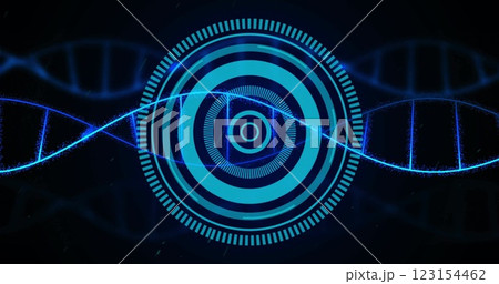 Image of dna strand and digital data processing over black background 123154462