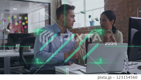 Image of data processing and scope scanning over diverse colleagues discussing work in office Image of data processing and scope scanning over diverse colleagues discussing work in office 123154560