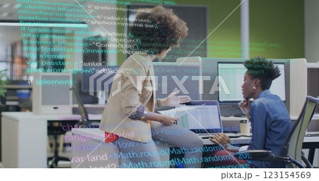 Image of data processing over diverse female colleagues discussing work in office Image of data processing over diverse female colleagues discussing work in office 123154569