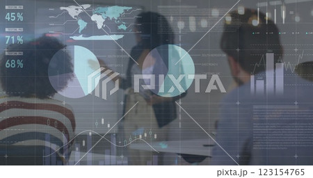 Image of data processing and diagrams over diverse colleagues at meeting 123154765