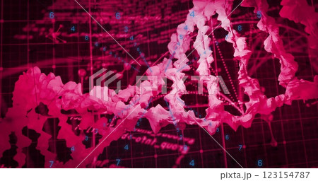 DNA strand and numerical data analysis image over red grid background 123154787