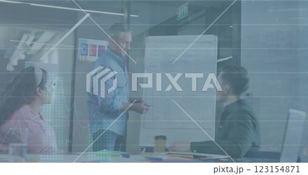 Image of financial data processing over diverse business people in office Image of financial data processing over diverse business people in office 123154871