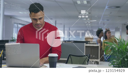 Image of financial data processing over diverse business people in office Image of financial data processing over diverse business people in office 123154929