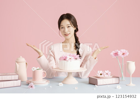 A woman in her 20s sitting in front of a cake A woman in her 20s sitting in front of a cake 123154932