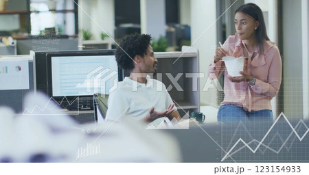 Image of financial data processing over diverse business people in office Image of financial data processing over diverse business people in office 123154933