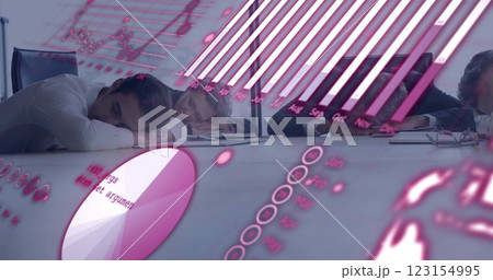 Image of financial data processing over diverse colleagues sleeping in office 123154995