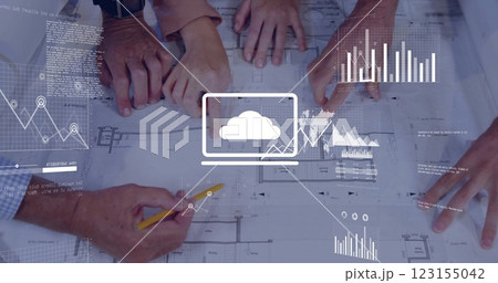 Image of financial data processing over hands of diverse colleagues taking notes on blueprint Image of financial data processing over hands of diverse colleagues taking notes on blueprint 123155042