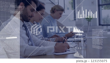 Image of financial data processing over diverse colleagues working in office Image of financial data processing over diverse colleagues working in office 123155075